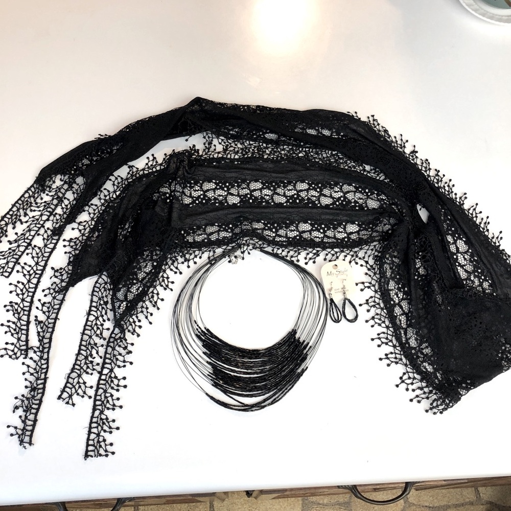 Black Multi strand bead choker, earrings and 86” Lace Scarf